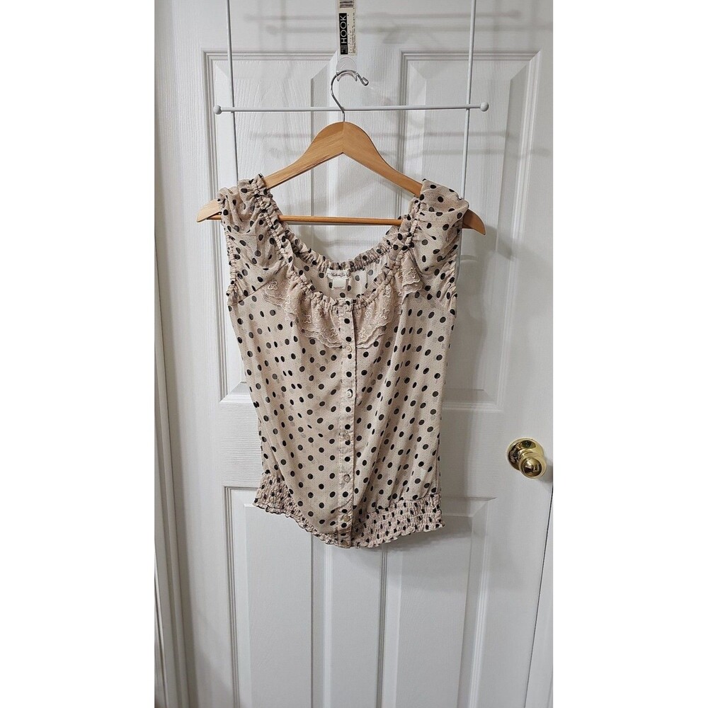 Belle du Jour Polka Dot Ruffle Lace Button Up Tank Top Smocked Waist Size M